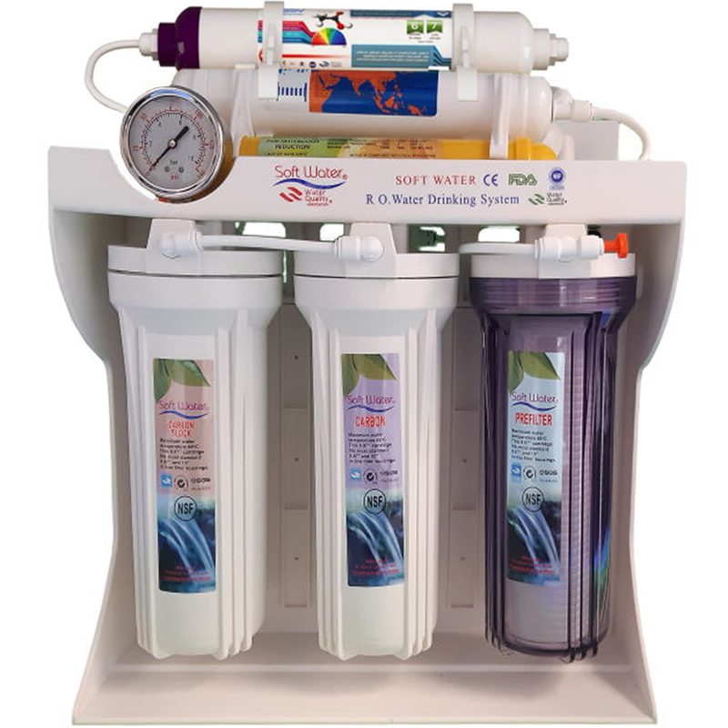 تصفیه آب ۸ مرحله ایی سافت واتر شاسی فایبر با فیلتر آلکالین و محافظ ممبران